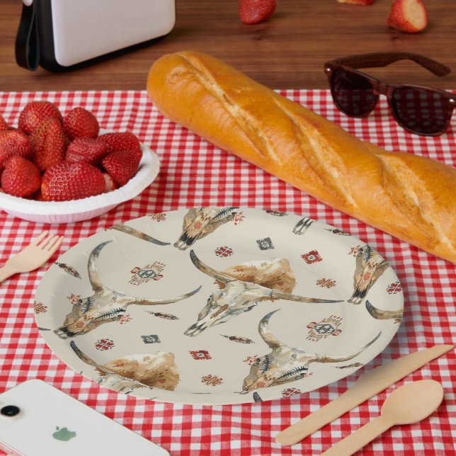 Brown Cream Tribal Native Feathers Birthday Paper Plate (Picnic)