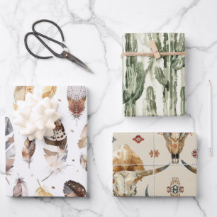 Brown Cream Tribal Native Feathers Birthday Wrapping Paper Sheet