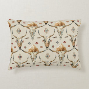 Brown Cream Tribal Native Feathers Skulls Decorative Cushion