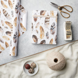 Brown Cream Tribal Native Feathers Wrapping Paper