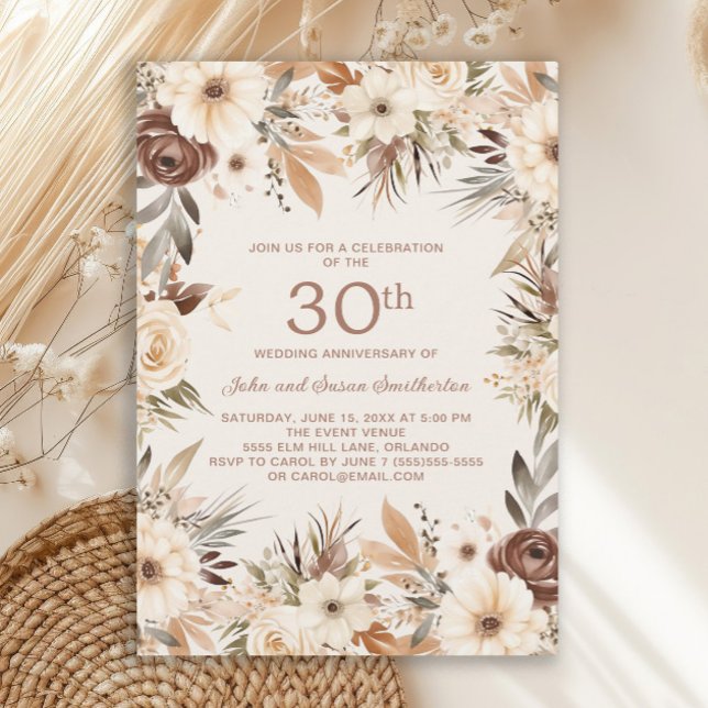 Brown Cream Watercolor Floral 30th Anniversary Invitation (Rustic boho-style 30th wedding anniversary invitation)