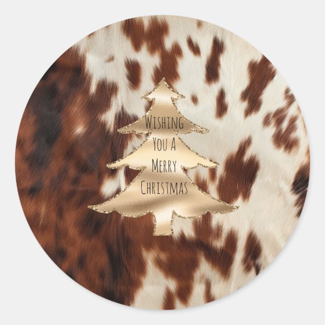 Brown Cream Western Cowhide Christmas Classic Round Sticker (Front)
