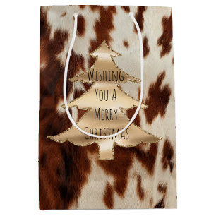 Brown Cream Western Cowhide Christmas Medium Gift Bag