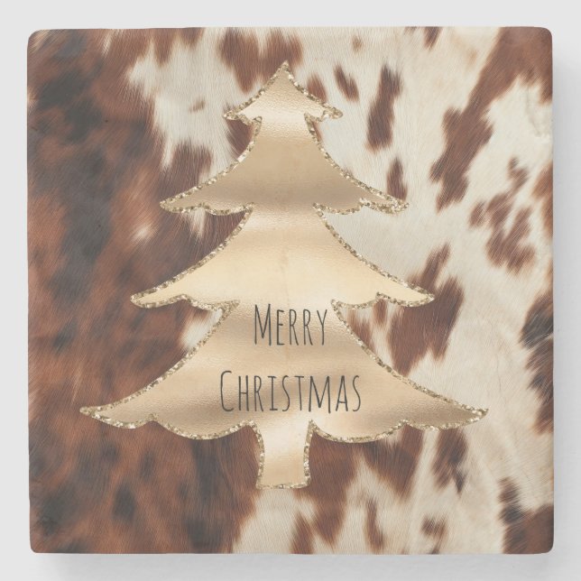 Brown Cream Western Cowhide Christmas Stone Coaster (Front)