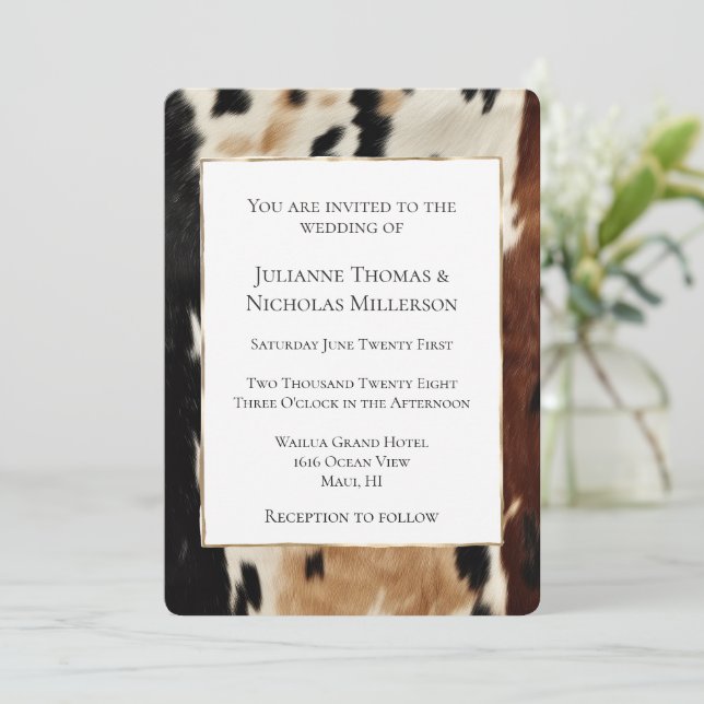 Brown Cream Western Cowhide Wedding Invitation (Standing Front)