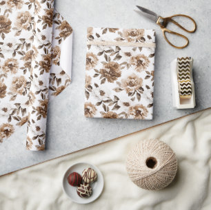 Brown Cream White Flowers Birthday Wrapping Paper