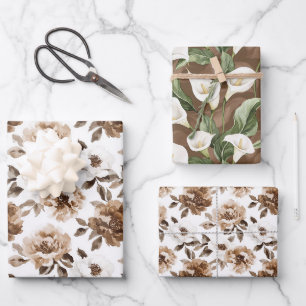 Brown Cream White Flowers Birthday Wrapping Paper Sheet