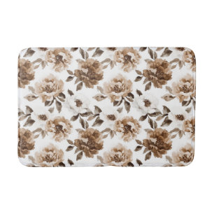 Brown Cream White Flowers Christmas Bath Mat