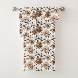Brown Cream White Flowers Christmas Bath Towel Set