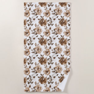 Brown Cream White Flowers Christmas Beach Towel