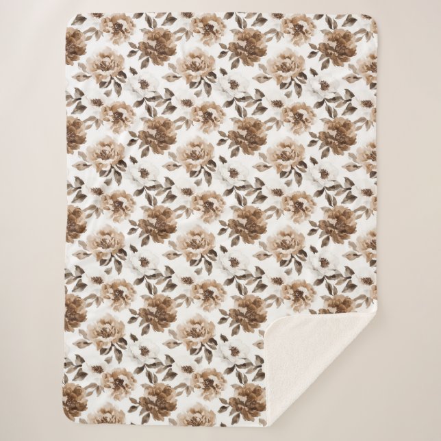 Brown Cream White Flowers Christmas Sherpa Blanket (Front)