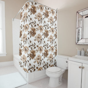 Brown Cream White Flowers Christmas Shower Curtain