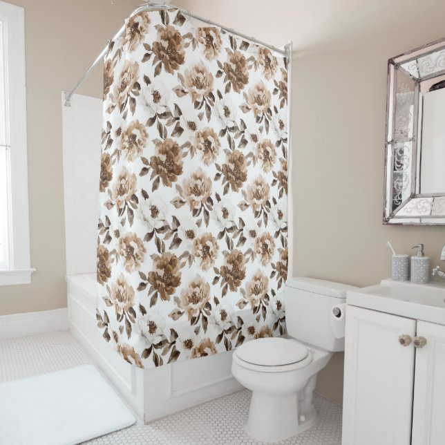 Brown Cream White Flowers Christmas Shower Curtain (In Situ)