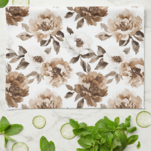 Brown Cream White Flowers Christmas Tea Towel