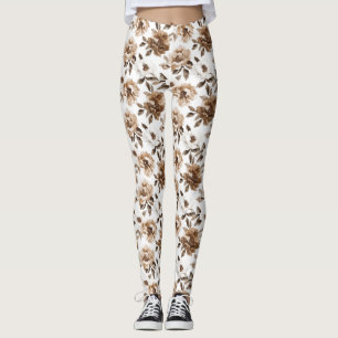 Brown Cream White Flowers Leggings