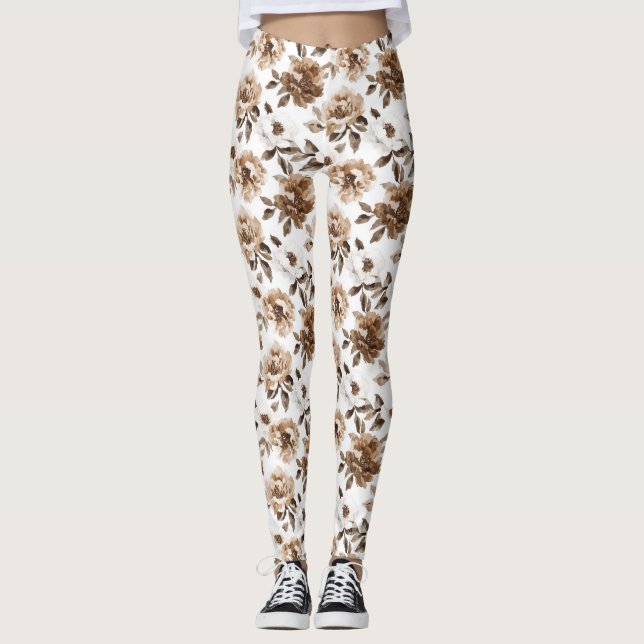 Brown Cream White Flowers Leggings (Front)
