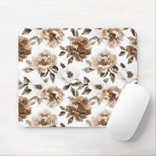 Brown Cream White Flowers Mouse Mat
