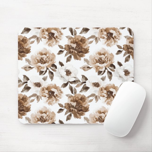 Brown Cream White Flowers Mouse Mat (With Mouse)
