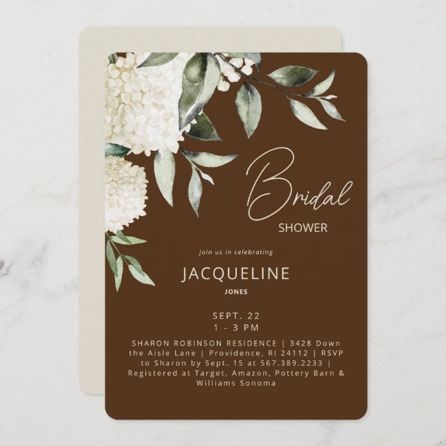  Brown & Cream White Hydrangeas Bridal Shower Invitation (Front/Back)