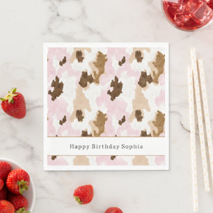 Brown Cream White Pink Cow Print Birthday Napkin