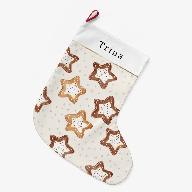 Brown Cream White Star Cookies Christmas   Large Christmas Stocking (Front (Hanging))