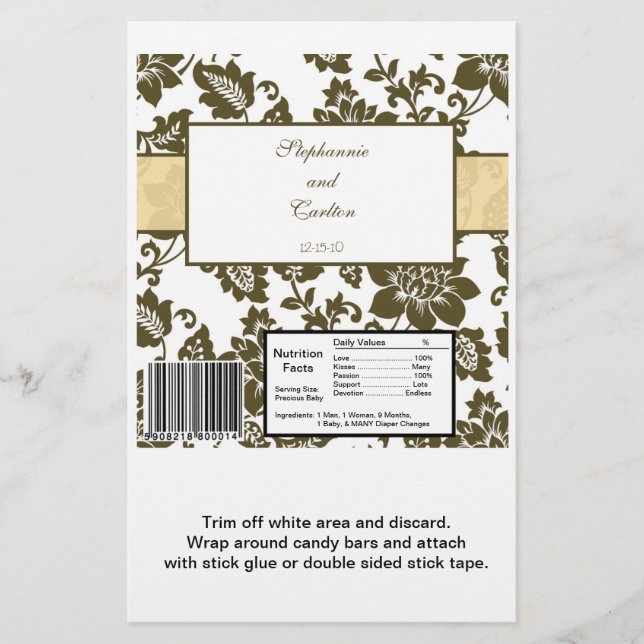 Brown/Creme Floral Damask Wedding Candy Wrapper (Front)
