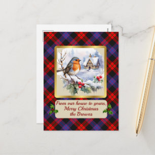 Brown Crest & Tartan w/Robin Personalized   Holiday Postcard