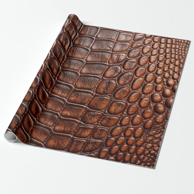 Brown Crocodile Alligator Skin Faux Leather Print Wrapping Paper (Unrolled)