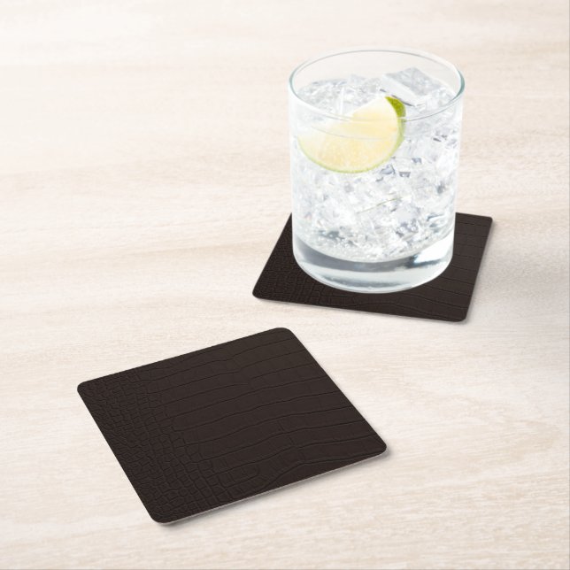 Brown Crocodile Skin Print Square Paper Coaster (Insitu)