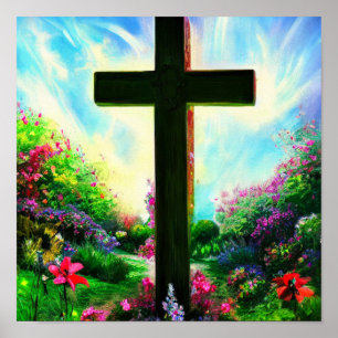 Brown Cross in a Flower Garden Poster