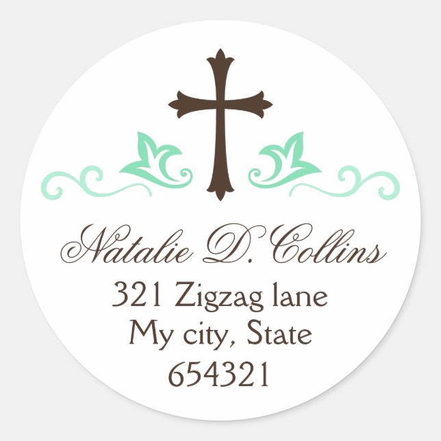 Brown cross mint green flourish custom address classic round sticker (Front)