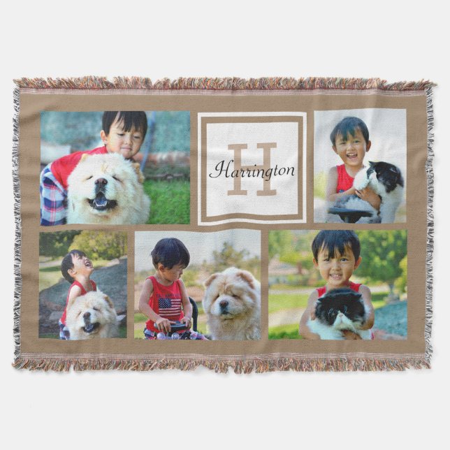 Brown Custom Monogrammed 5 Photo Picture Collage Throw Blanket (Front)