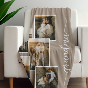 Brown Customised Grandma Grandkid 5 Photo Collage  Fleece Blanket