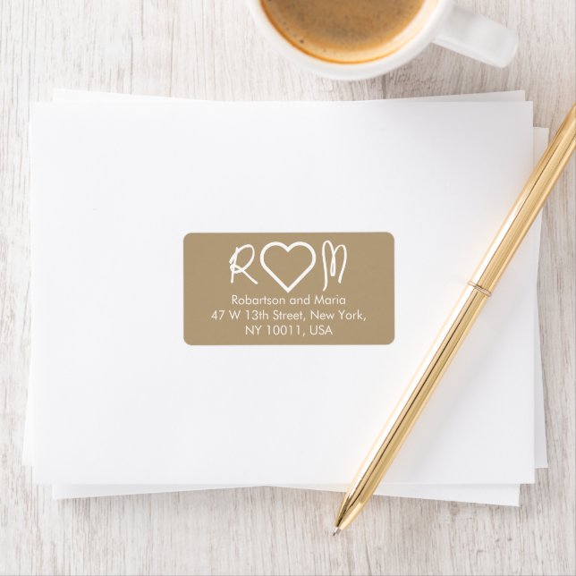Brown Cute Couple Monogram Heart Return Address Label (Insitu)