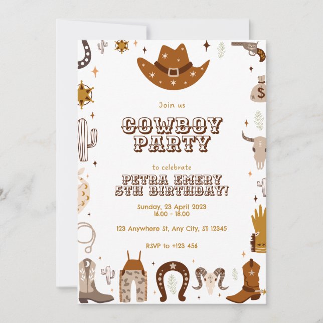 Brown Cute Cowboy Birthday Card Invitation (Front)