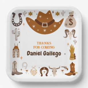 Brown Cute Cowboy Birthday Paper Plate