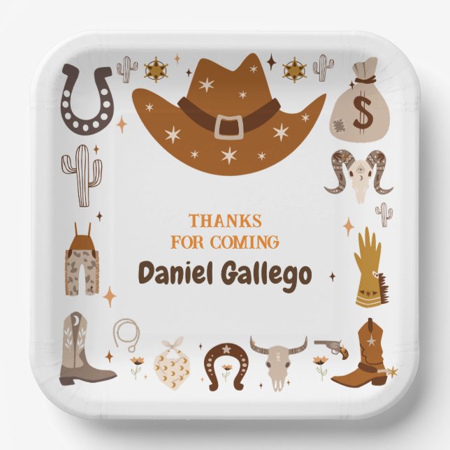 Brown Cute Cowboy Birthday Paper Plate (Front)