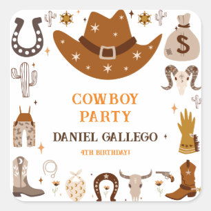 Brown Cute Cowboy Birthday party Square Sticker