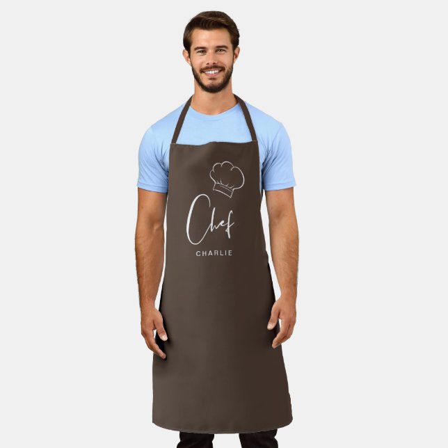 Brown cute hat and script personalised chef apron (Worn)