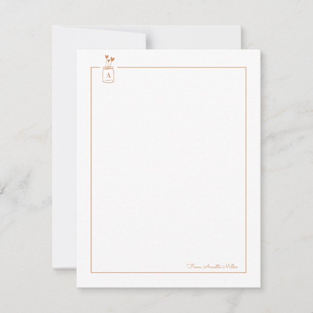 Brown Cute Hearts Mason Jar Personal Stationery Card (Front)