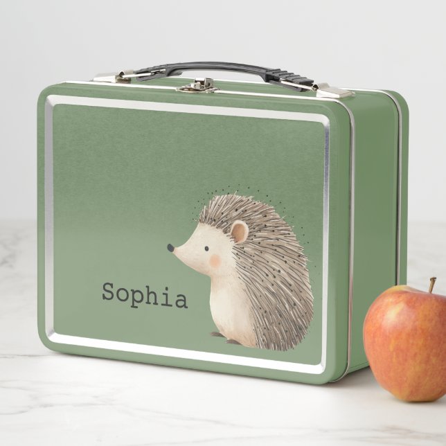 Brown Cute Hedgehog Personalised Metal Lunch Box (In Situ)