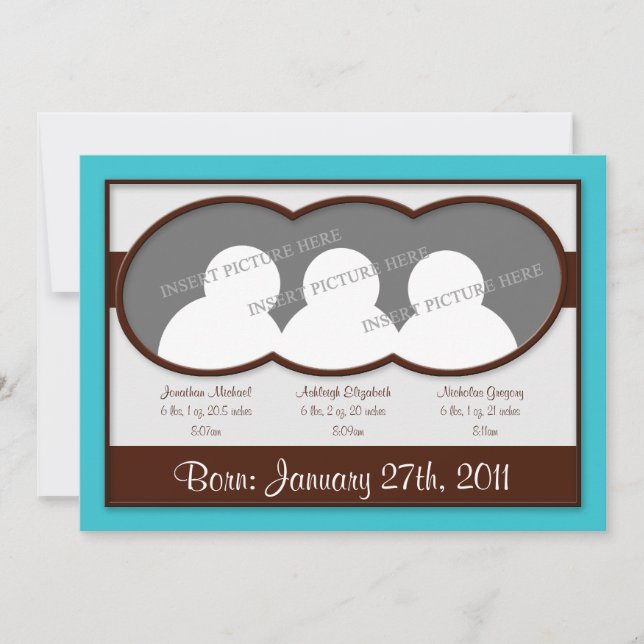 Brown Cyan Blue Triplets Birth Announcements (Front)