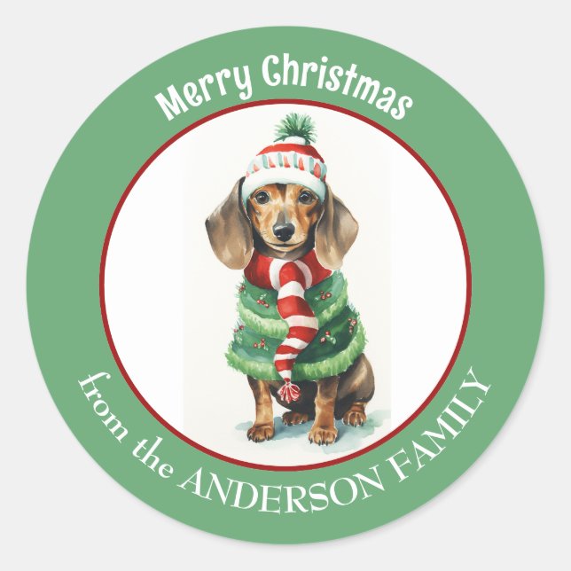 Brown Dachshund Dog in Winter Clothes Christmas Classic Round Sticker (Front)