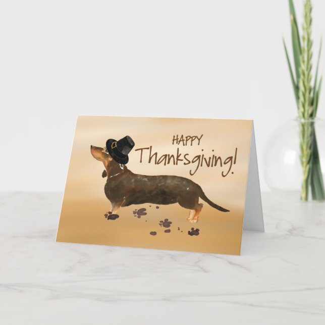 Brown Dachshund Funny Pilgrim Hat Thanksgiving Card (Front)