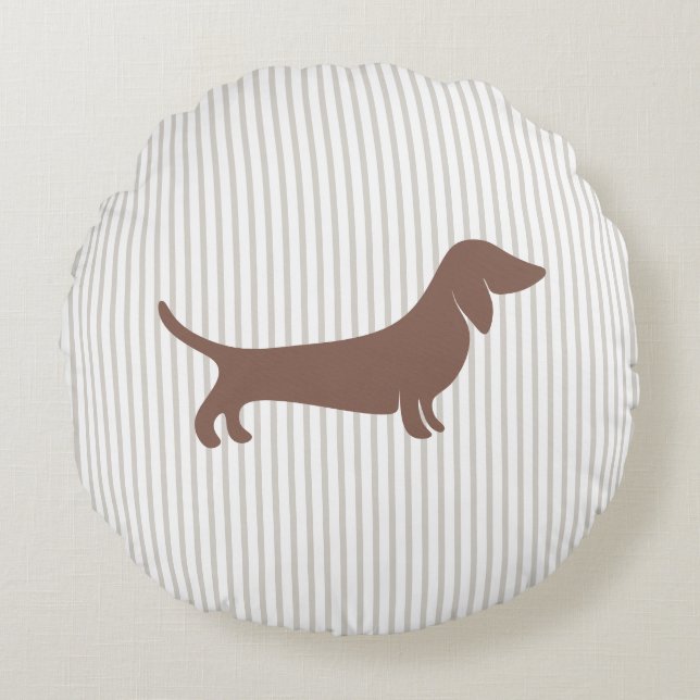 Brown Dachshund on Beige Stripes Round Cushion (Front)