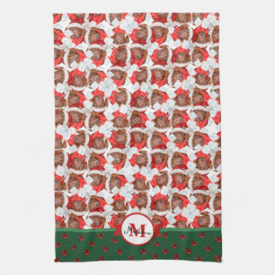Brown Dachshund Pattern Monogram Christmas Dog Tea Towel