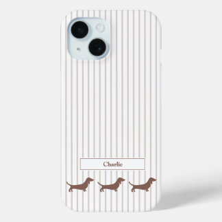 Brown Dachshunds on Beige Stripes Custom Name iPhone 15 Case