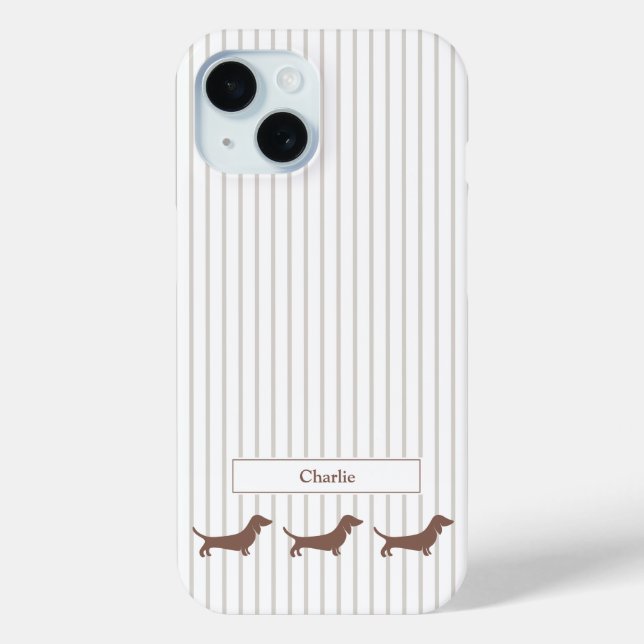 Brown Dachshunds on Beige Stripes Custom Name Case-Mate iPhone Case (Back)