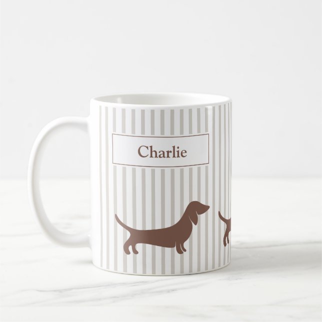 Brown Dachshunds on Beige Stripes Custom Name Coffee Mug (Left)