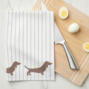 Brown Dachshunds on Beige Stripes Tea Towel
